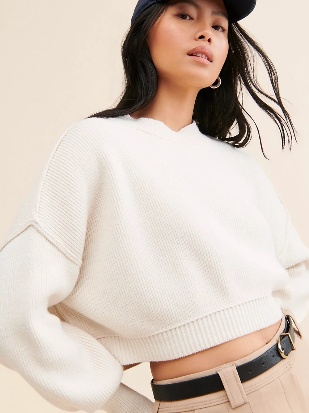 Free People Easy Street Cropped Pullover Knit Sweater Ivory White XS